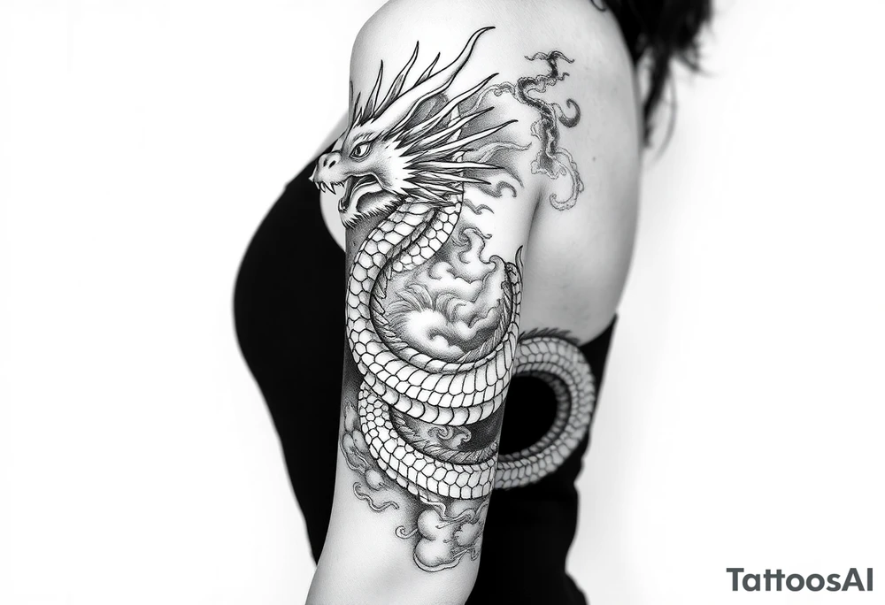 storm clouds and lightning mixed throughout, eastern dragon wrapping around the arm, tattoo idea