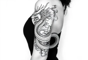 storm clouds and lightning mixed throughout, eastern dragon wrapping around the arm, tattoo idea