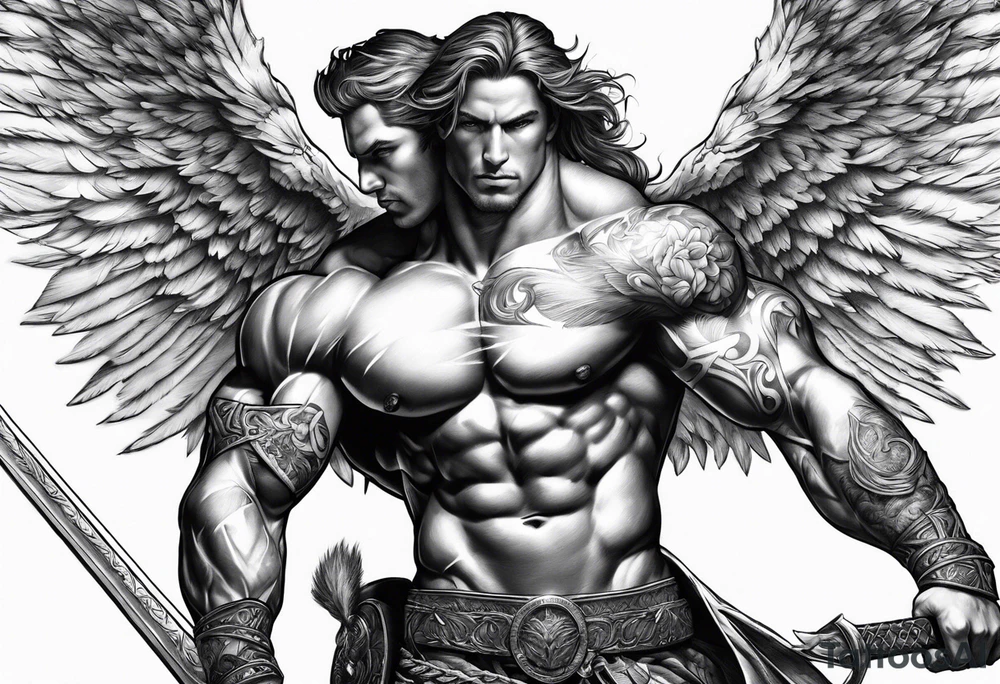 Micheal arc angel huntched over pulling sword super muscular tattoo idea