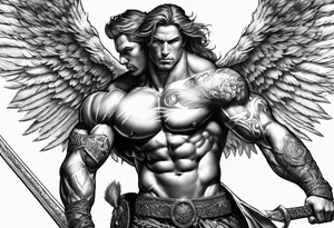 Micheal arc angel huntched over pulling sword super muscular tattoo idea