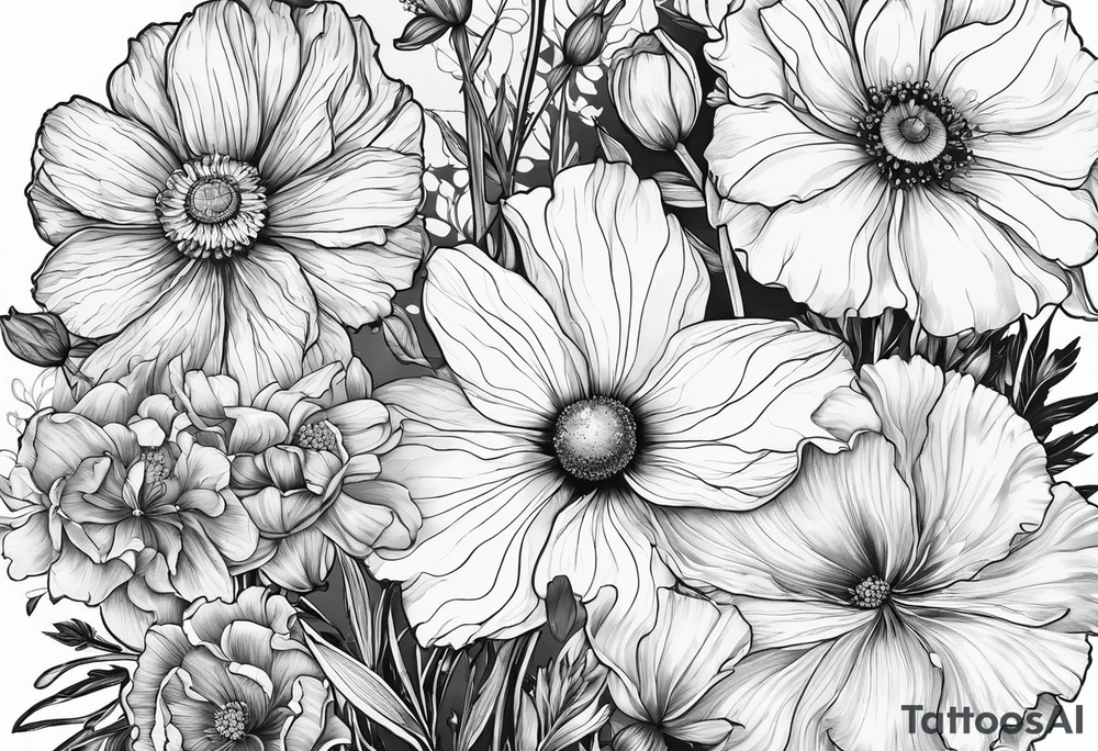 1 cosmos flower, 1 iris, 1 larkspur, 1 daisy, 1 poppy tattoo idea