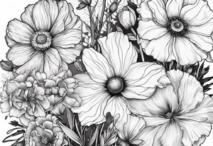 1 cosmos flower, 1 iris, 1 larkspur, 1 daisy, 1 poppy tattoo idea