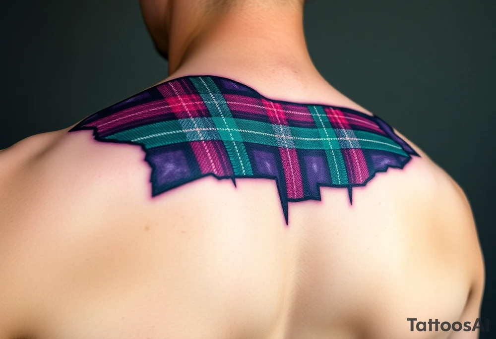 shoulder Dark Purple with green pink blue and white highlights tartan fabric 
with skin ripping away at edges tattoo idea