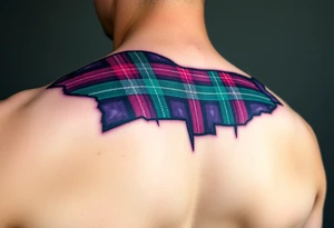 shoulder Dark Purple with green pink blue and white highlights tartan fabric 
with skin ripping away at edges tattoo idea
