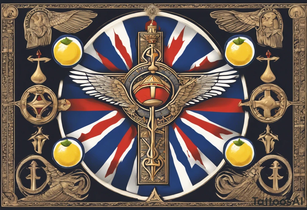 A medieval cross with an assyrian flag in the middle. A crown om top of the cross. The assyrian king Sennacherib. A sun and a moon. A cloud with rain and thunder. charizard. an imperfect cirkle. a candle. a swan. lemons. the god asshur with wings. an ankh. angel wings with a halo. surrounded by olive branches and feathers. all black and white. no shadowing. tattoo idea