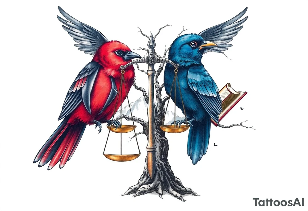 one of the birds red wearing a suit, other bird navy blue with glasses or holding a book, scales of justice built into a tree, starry night painting and mountain background tattoo idea