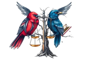 one of the birds red wearing a suit, other bird navy blue with glasses or holding a book, scales of justice built into a tree, starry night painting and mountain background tattoo idea