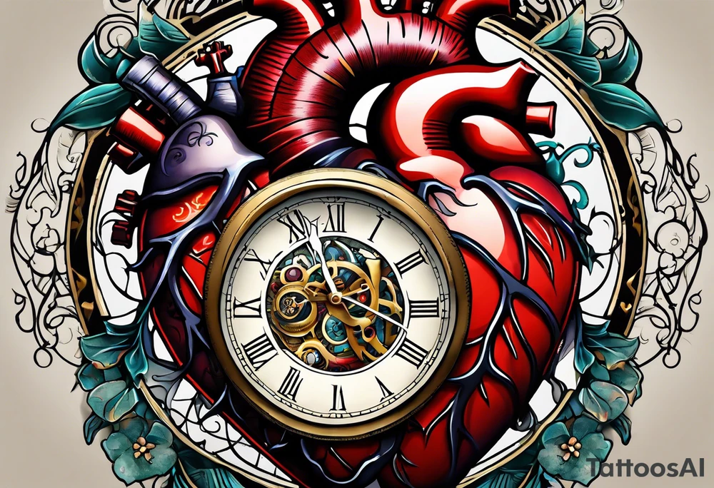 anatomical heart with clock in middle.
Clock hands on 8 and 5.
Never Say Never written on tattoo tattoo idea