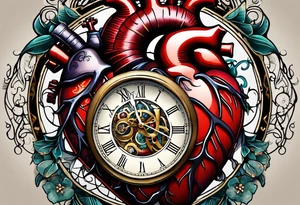 anatomical heart with clock in middle.
Clock hands on 8 and 5.
Never Say Never written on tattoo tattoo idea