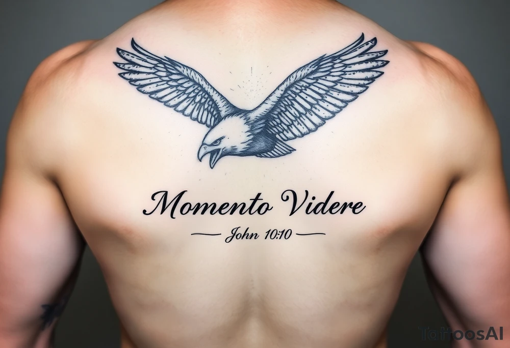 realistic eagle in flight, the words Momento Vivere and John 10:10 tattoo idea