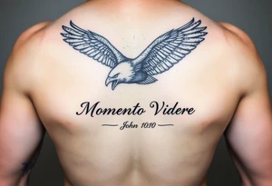 realistic eagle in flight, the words Momento Vivere and John 10:10 tattoo idea