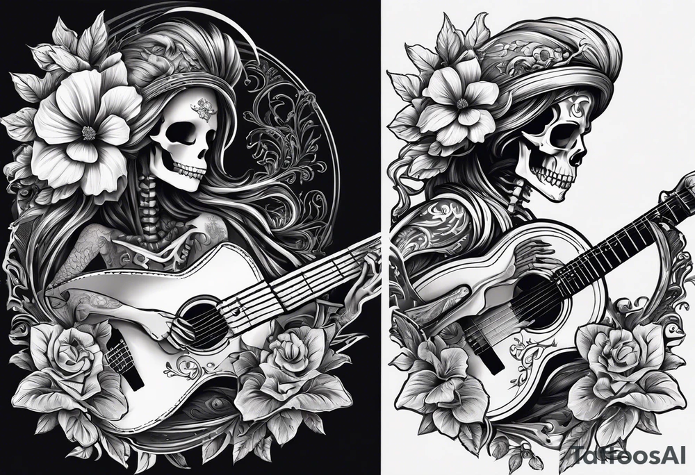 a male and a female skeleton. The male skeleton is playing the guitar. The female skeleton has a hibiscus flower. The female is not playing a guitar. tattoo idea