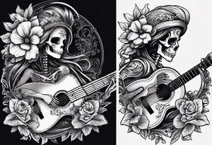 a male and a female skeleton. The male skeleton is playing the guitar. The female skeleton has a hibiscus flower. The female is not playing a guitar. tattoo idea