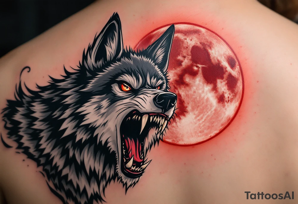 Snarling wolf under a lunar eclipse, with half-red, half-shadowed moon in the sky, done in bold black, gray, and red ink. tattoo idea