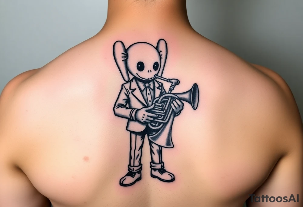 kaws figure wearing Jim Hill High School suit holding a mellophone tattoo idea