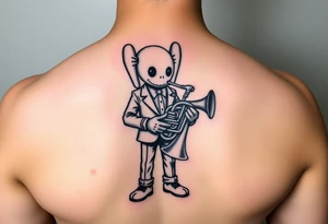 kaws figure wearing Jim Hill High School suit holding a mellophone tattoo idea