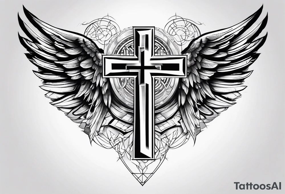 angel wings tattoo with a cross and the letters DJ in it tattoo idea