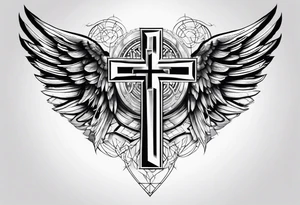 angel wings tattoo with a cross and the letters DJ in it tattoo idea