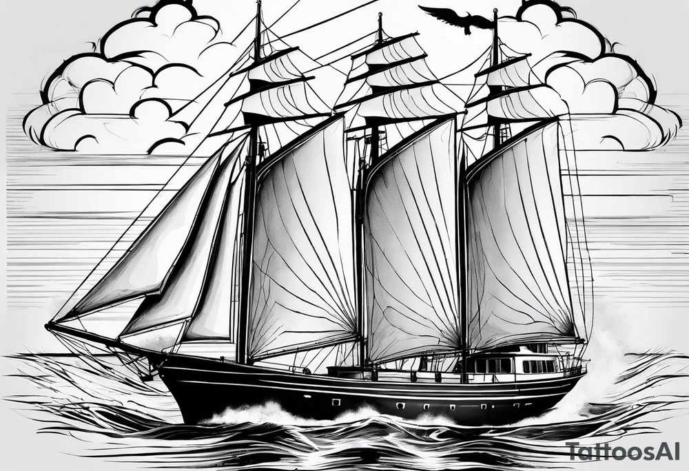 sailboat seen from the front. sail in the shape of a maritime lighthouse.phoenix drawn on the sail. tattoo idea