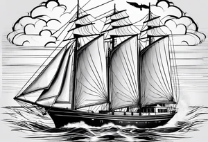 sailboat seen from the front. sail in the shape of a maritime lighthouse.phoenix drawn on the sail. tattoo idea