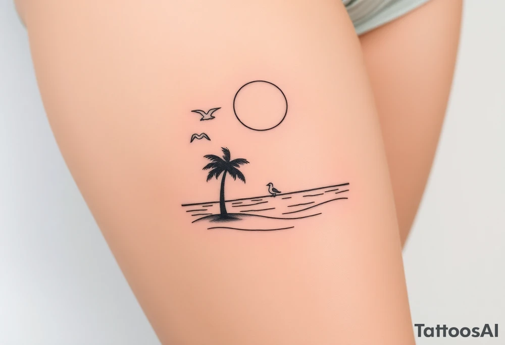 happy, peaceful, serene, timeless, ocean, sand, palm tree, seagulls, sun tattoo idea