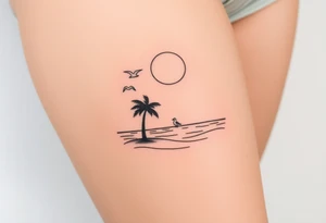 happy, peaceful, serene, timeless, ocean, sand, palm tree, seagulls, sun tattoo idea