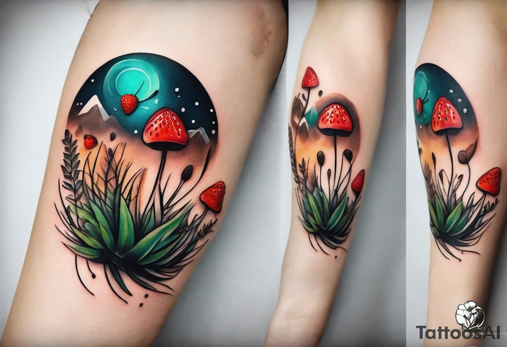 forest floor inspired minimalist tattoo, which includes grass, curly ferns and dead leaves as the bulk of the tattoo. details to include: three very tiny strawberries, a tiny bumblebee flying nearby, three small brown mushrooms tattoo idea