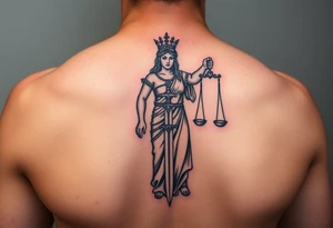Neotraditional Lady Justice tattoo, forearm placement, vivid colors, sword facing down, regal tattoo idea