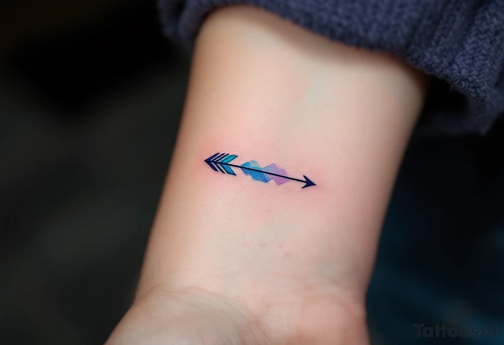 A thin, geometric arrow in soft watercolor shades of blue and purple, creating a dreamy, ethereal effect. tattoo idea