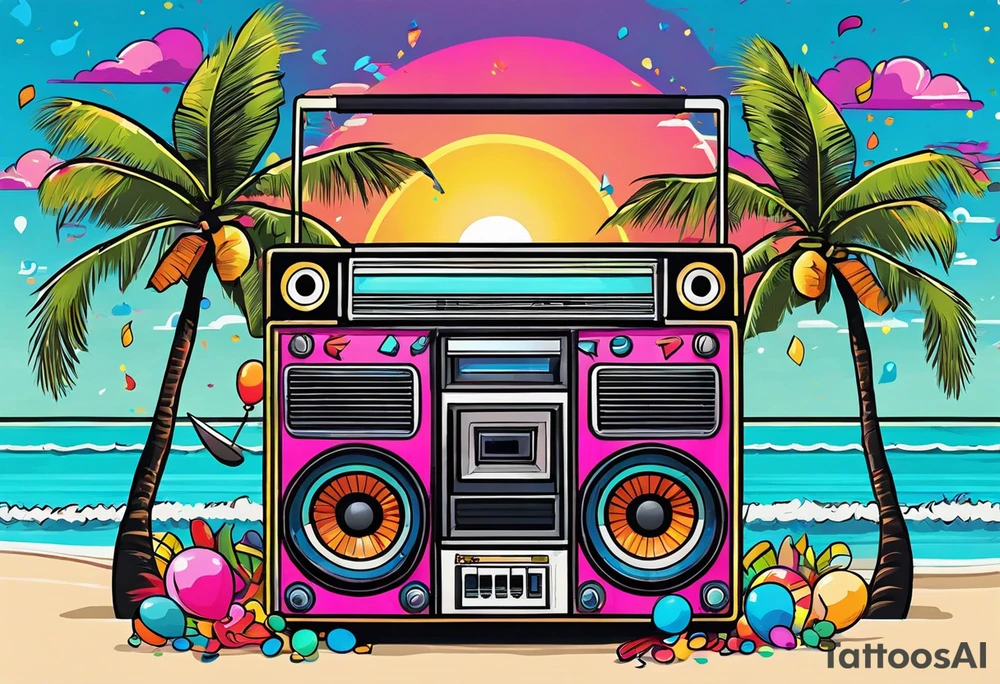 1980's style big boom box mith confetti, balloons and music notes against miami vice style beach background tattoo idea