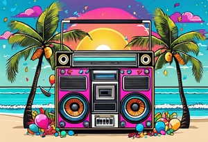 1980's style big boom box mith confetti, balloons and music notes against miami vice style beach background tattoo idea