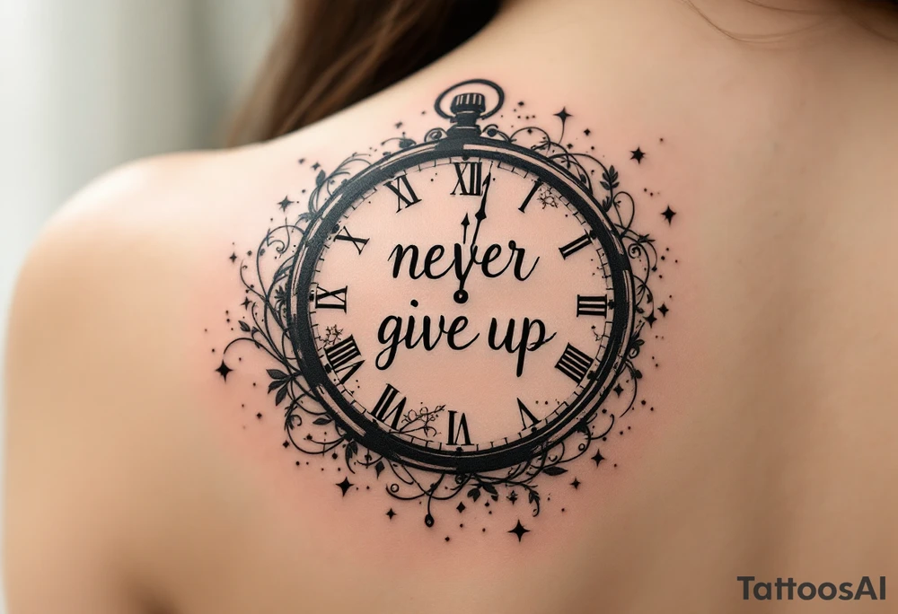 The phrase "never give up" inside a broken clock face, time frozen at your turning point, in sepia tones. tattoo idea