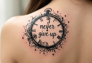 The phrase "never give up" inside a broken clock face, time frozen at your turning point, in sepia tones. tattoo idea
