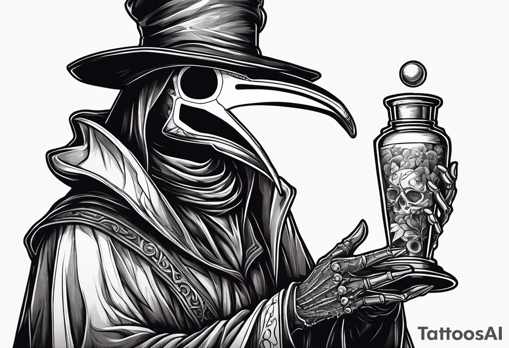 plague doctor with a skeleton hand holding medicine tattoo idea