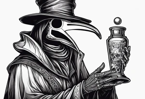 plague doctor with a skeleton hand holding medicine tattoo idea