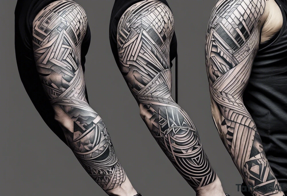 From left shoulder to forearm sleeve tattoo. Fine line geometric, concept design tattoo tattoo idea