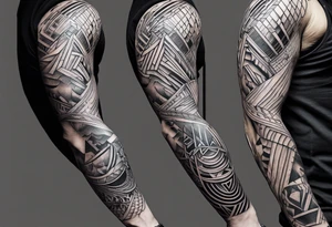 From left shoulder to forearm sleeve tattoo. Fine line geometric, concept design tattoo tattoo idea