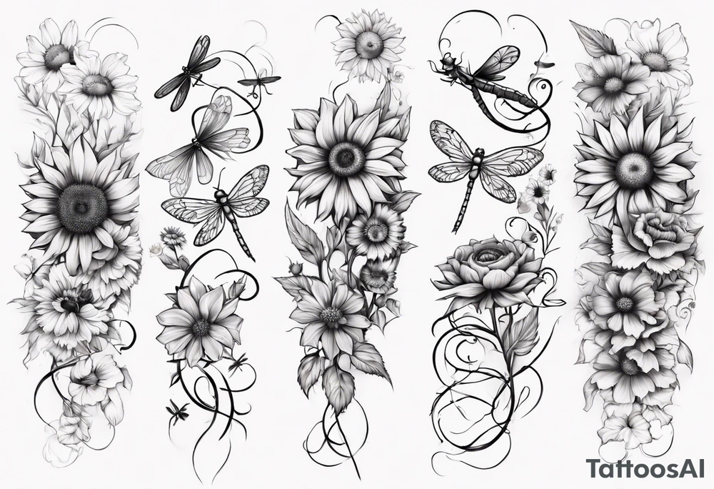 Arm sleeve, sunflowers, dragonflies, three cosmos flower, one violet, one carnation, vines and leaves tattoo idea