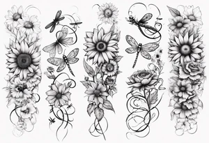 Arm sleeve, sunflowers, dragonflies, three cosmos flower, one violet, one carnation, vines and leaves tattoo idea