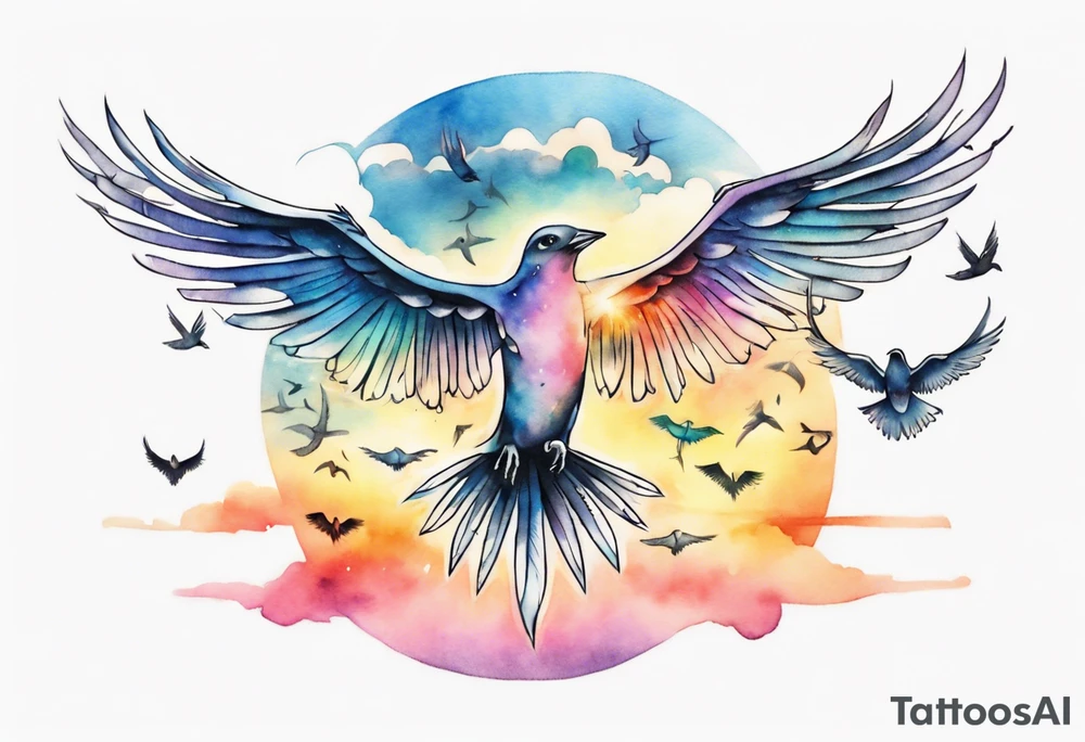 a shoulder tattoo with lots of rays of light in gradient starting from the middle
, clouds and birds flying free tattoo idea