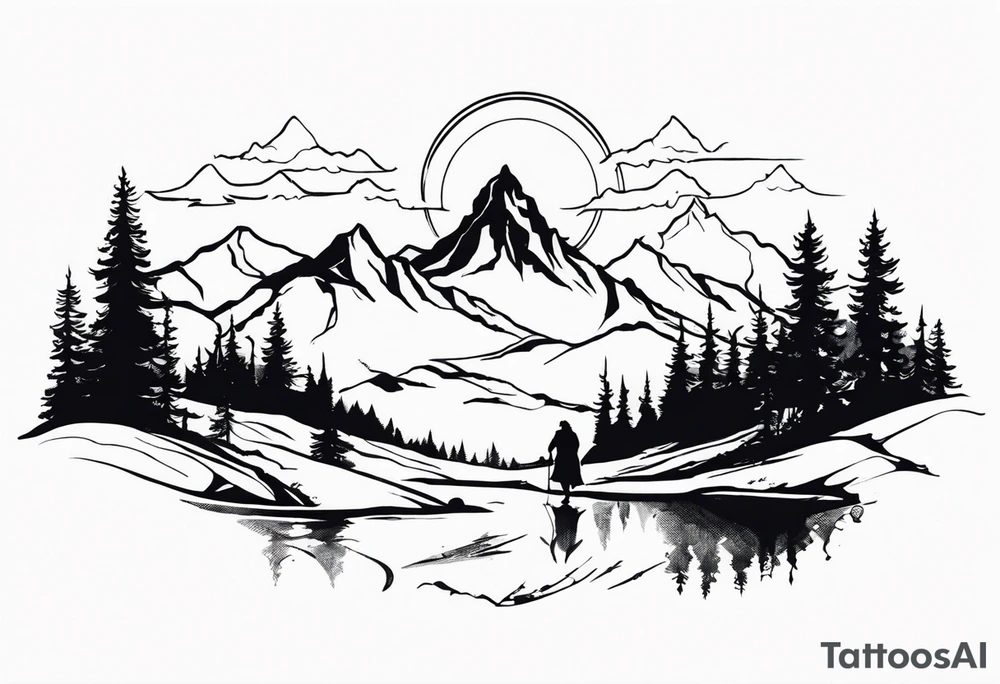 Lord of the rings walking with mountains and trees tattoo idea