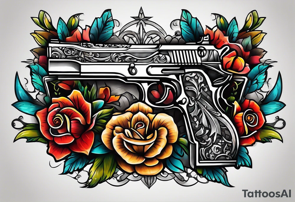 The letters AR with a pistol on each side and the word always on the top and the word ready on the bottom tattoo idea