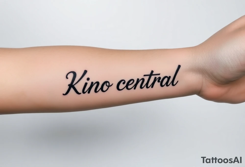 Forearm tattoo of the words kino central tattoo idea
