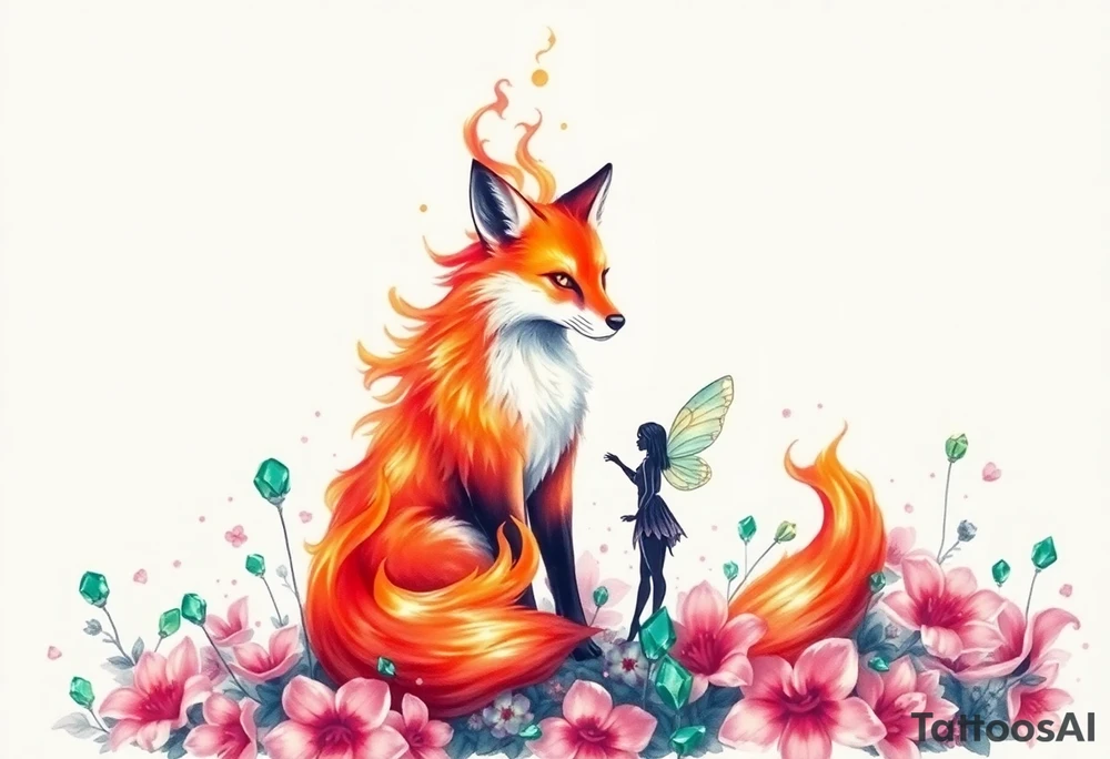 Fox made of fire with a fairy standing close to it  in a field of lillys and emerald jem stones tattoo idea