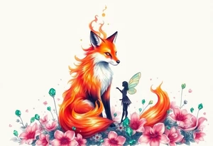 Fox made of fire with a fairy standing close to it  in a field of lillys and emerald jem stones tattoo idea