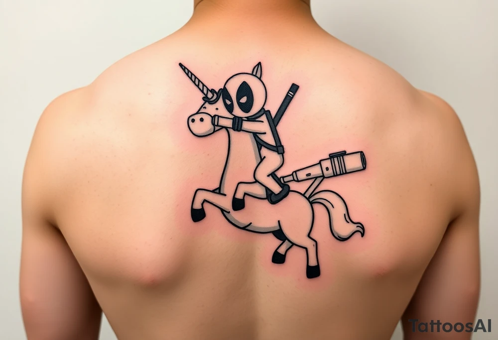 Deadpool riding cartoon unicorn pointing rocket propelled grenade launcher tattoo idea