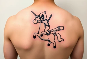 Deadpool riding cartoon unicorn pointing rocket propelled grenade launcher tattoo idea
