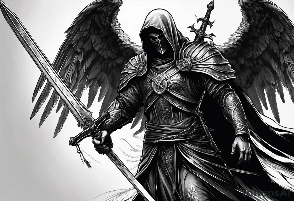 realistic angel of death, man, full body, no face visible, holding one sword, sword vertically pointing downwards, both hands are holding the sword tattoo idea