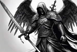 realistic angel of death, man, full body, no face visible, holding one sword, sword vertically pointing downwards, both hands are holding the sword tattoo idea