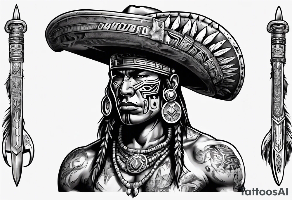 Aztec warrior with cowboy hat holding a sword tattoo idea